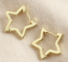 Load image into Gallery viewer, Star shaped hoops available in either gold or silver plated, these add the finishing touch to any outfit. With a hinge fastening. 