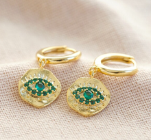 Load image into Gallery viewer, This pair of green gem eye charm earrings are the perfect earring worn alone, or as part of a curated ear look. Gold plated. 