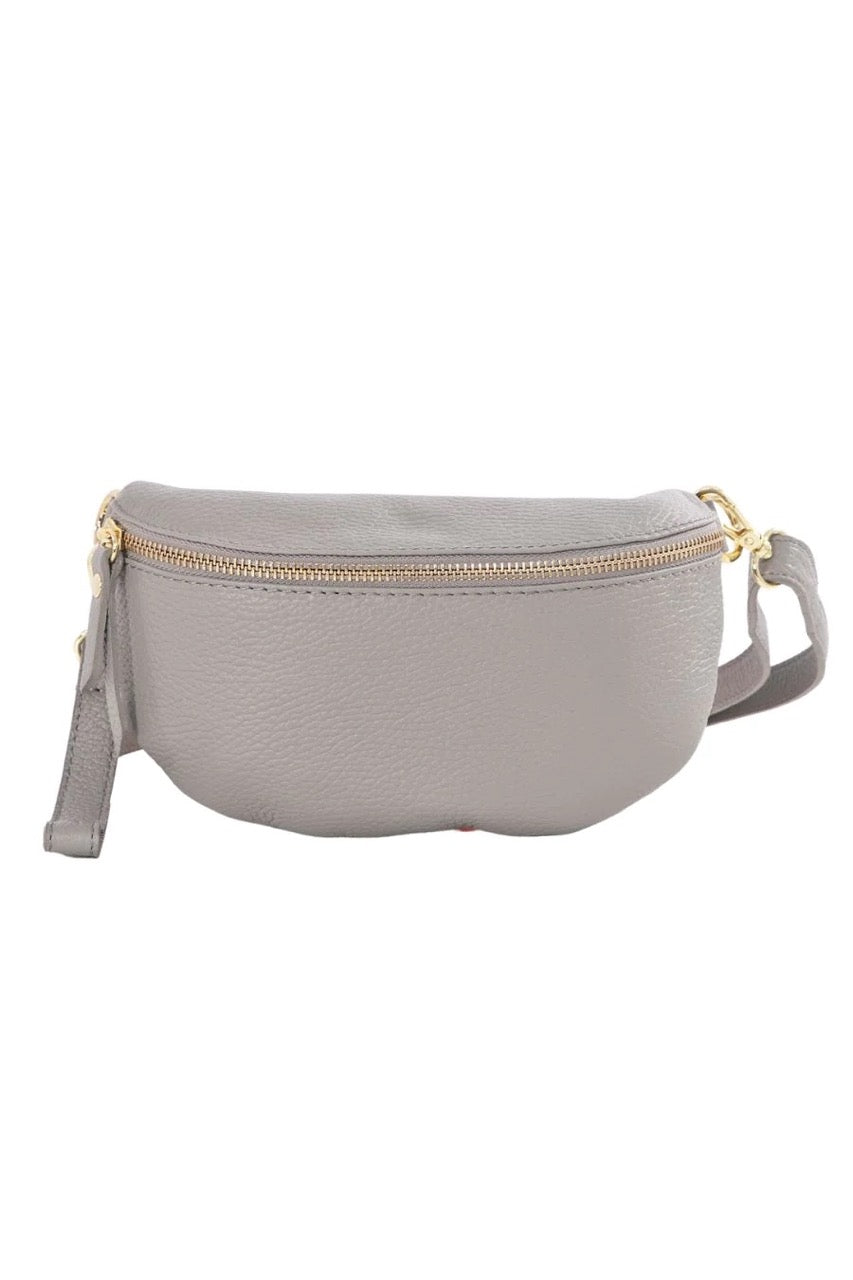 pale grey crossbody half moon bag with fully adjustable strap