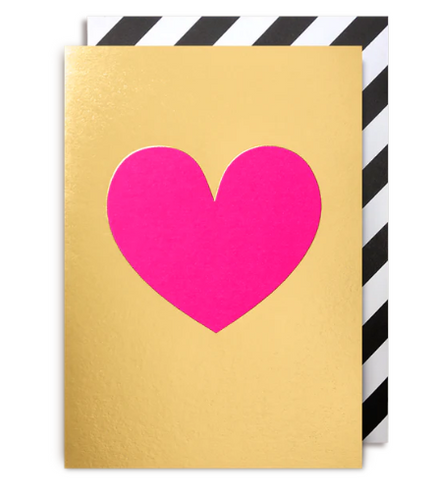 Gold foil card with a bright pink heart, this card is blank inside and comes with a black and white striped envelope. 