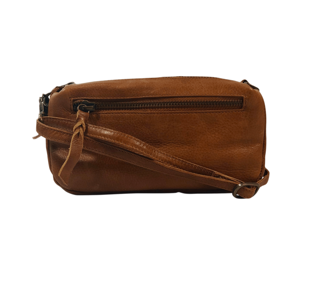 Tan leather crossbody bag with adjustable strap