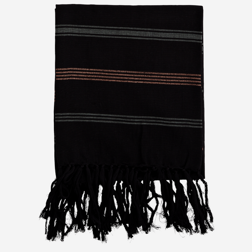 Black Cotton Hammam Towel With Copper Detail stripes through it and tasseled edges. The ultimate stylish beach towel.