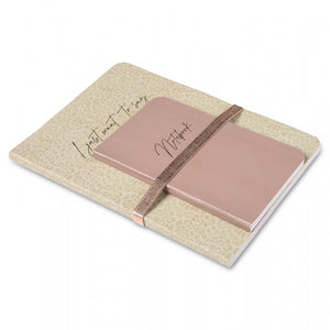 Double book set - a larger book in pale green with a gold effect Leo print on it. The smaller book is a dusty pink. They are held together by a metallic band in rose gold. The messages on the books are I JUST WANT TO SAY  and NOTEBOOK