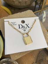 Load image into Gallery viewer, This link necklace features a padlock pendant to the front. With a clasp fastening and extender chain. Available in gold plated or stainless steel. Nickel free