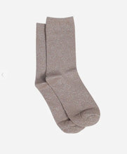 Load image into Gallery viewer, All over glitter socks to add sparkle to your outfit. In a taupe colourway which is neutral,with a silver lurex thread running through for that glittery look. One Size.