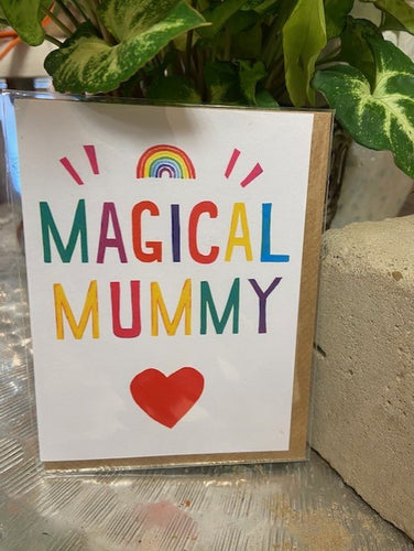 A mini card which is bright and full of love and happiness for your lovely Mum. With the words 'magical mummy' with a love heart and a rainbow to the front. 