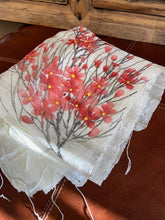Load image into Gallery viewer, A hand painted pure silk ladies scarf. a pure silk cream coloured scarf with hand painted cherry blossoms to each end. Each scarf is truly unique with no two being the same. Hand painted by local ladies in Vietnam. the scarf has delicate tassels to each end.