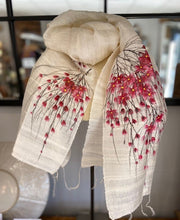 Load image into Gallery viewer, This large ladies shawl is made from pure silk. the cream colour makes the hand painted cherry blossoms stand out. Truly unique each of these shawls is hand painted by local ladies in Vietnam. The cherry blossoms are in a beautiful pink colour. With delicate tassels to each end.
