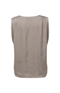 Yaya Silky Taupe Sleeveless Top With Pleated Shoulder Detail