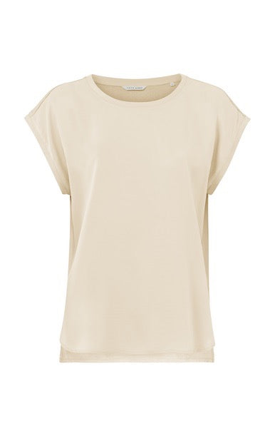 A beautiful silky t shirt in cream. The back is slightly longer and t shirt material